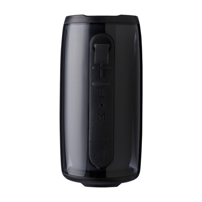 Altavoz negro con múltiples modos de iluminación ideal para exteriores cuarta vista Altavoz negro con múltiples modos de iluminación ideal para exteriores cuarta vista