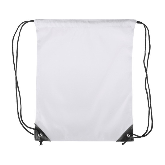 Mochila de cuerdas de poliéster con las esquinas y cuerdas negras color blanco primera vista Mochila de cuerdas de poliéster con las esquinas y cuerdas negras color blanco primera vista