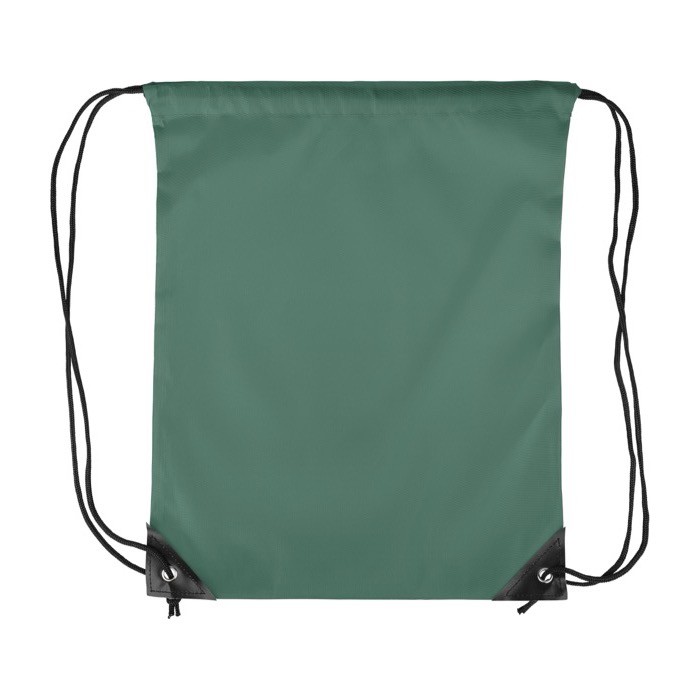 Mochila de cuerdas de poliéster con las esquinas y cuerdas negras color verde primera vista Mochila de cuerdas de poliéster con las esquinas y cuerdas negras color verde primera vista