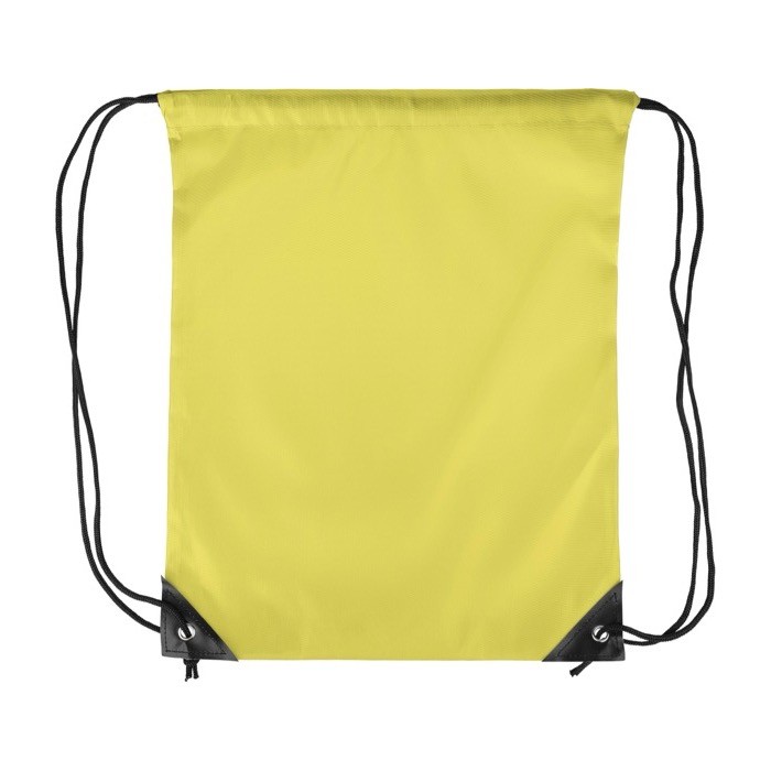 Mochila de cuerdas de poliéster con las esquinas y cuerdas negras color amarillo primera vista Mochila de cuerdas de poliéster con las esquinas y cuerdas negras color amarillo primera vista