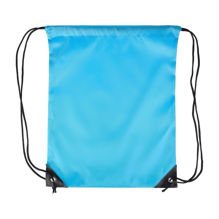 Mochila de cuerdas de poliéster con las esquinas y cuerdas negras color azul claro primera vista Mochila de cuerdas de poliéster con las esquinas y cuerdas negras color azul claro primera vista