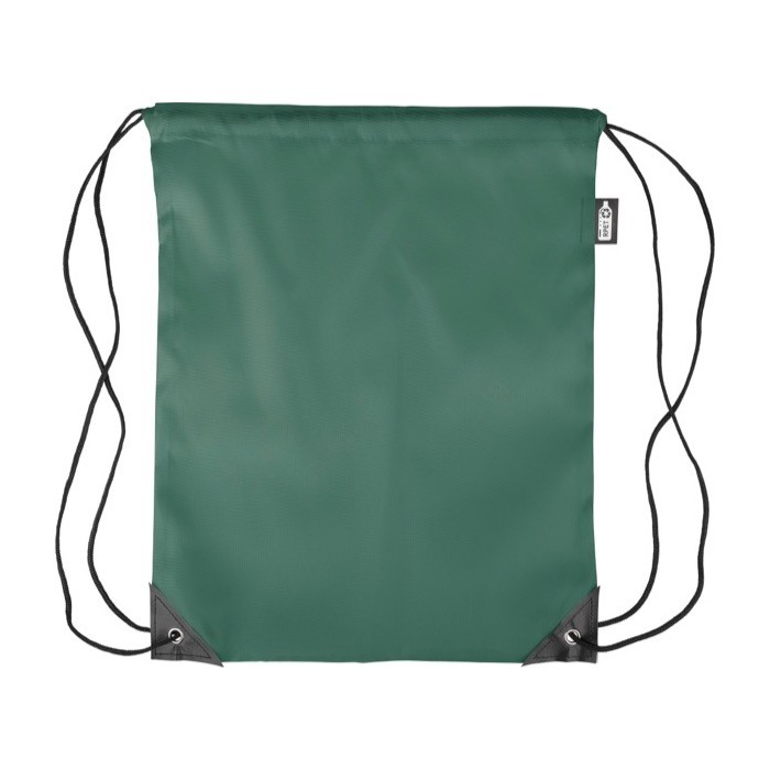 Mochila de cuerdas de poliéster con las esquinas y cuerdas negras color verde primera vista Mochila de cuerdas de poliéster con las esquinas y cuerdas negras color verde primera vista