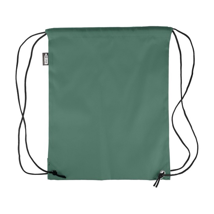 Mochila de cuerdas de poliéster con las esquinas y cuerdas negras color verde segunda vista Mochila de cuerdas de poliéster con las esquinas y cuerdas negras color verde segunda vista