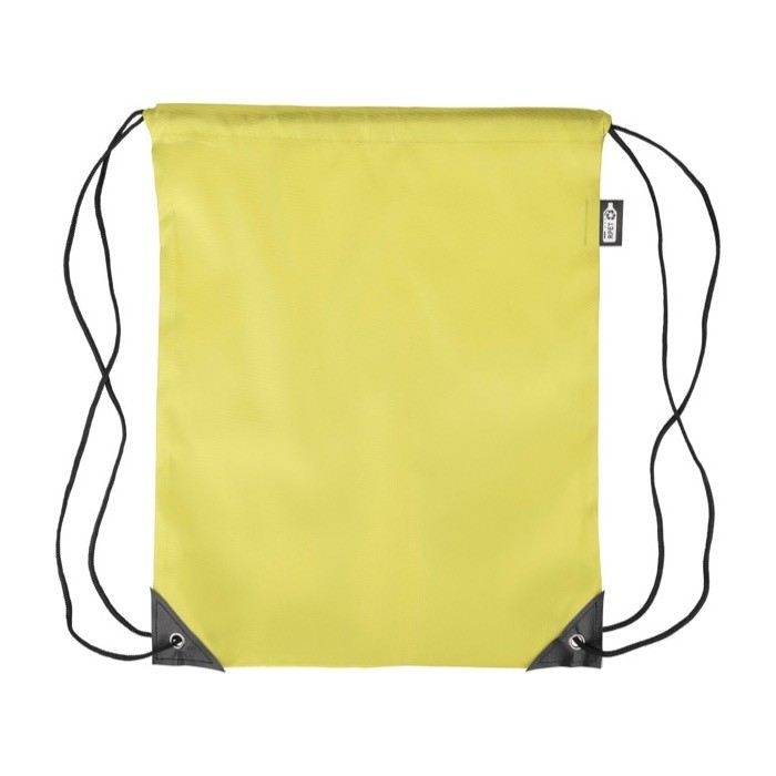 Mochila de cuerdas de poliéster con las esquinas y cuerdas negras color amarillo primera vista Mochila de cuerdas de poliéster con las esquinas y cuerdas negras color amarillo primera vista