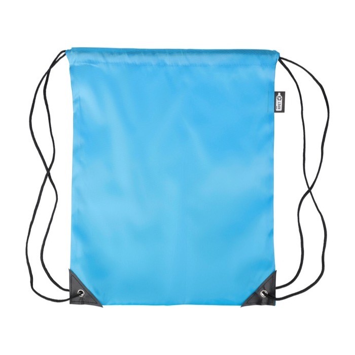 Mochila de cuerdas de poliéster con las esquinas y cuerdas negras color azul claro primera vista Mochila de cuerdas de poliéster con las esquinas y cuerdas negras color azul claro primera vista