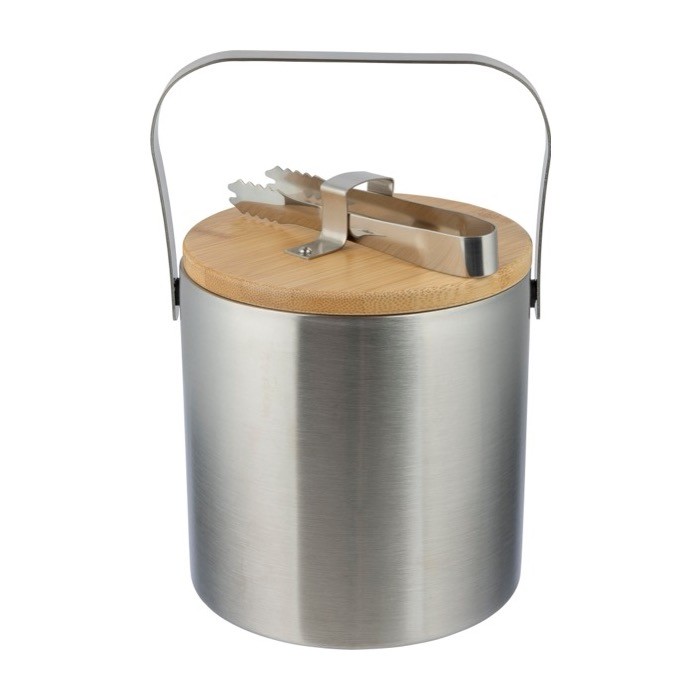 Cubitera de acero inoxidable de doble pared con tapa de bambú primera vista Cubitera de acero inoxidable de doble pared con tapa de bambú primera vista