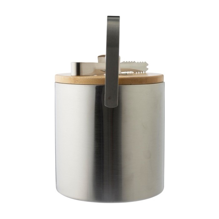 Cubitera de acero inoxidable de doble pared con tapa de bambú tercera vista Cubitera de acero inoxidable de doble pared con tapa de bambú tercera vista