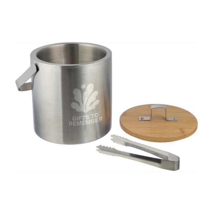 Cubitera de acero inoxidable de doble pared con tapa de bambú octava vista Cubitera de acero inoxidable de doble pared con tapa de bambú octava vista