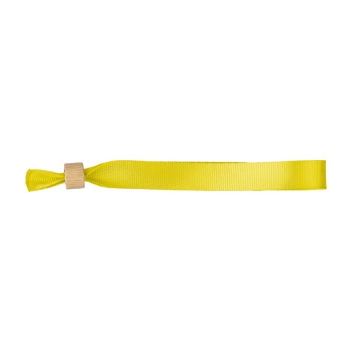 Pulsera de colores para eventos de RPET con cierre de bambú color amarillo primera vista Pulsera de colores para eventos de RPET con cierre de bambú color amarillo primera vista