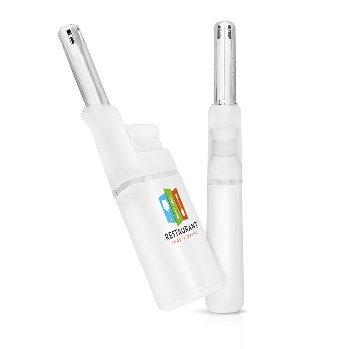 Encendedor electrónico ideal para la cocina con mango ancho color blanco vista con logo impreso Encendedor electrónico ideal para la cocina con mango ancho color blanco vista con logo impreso