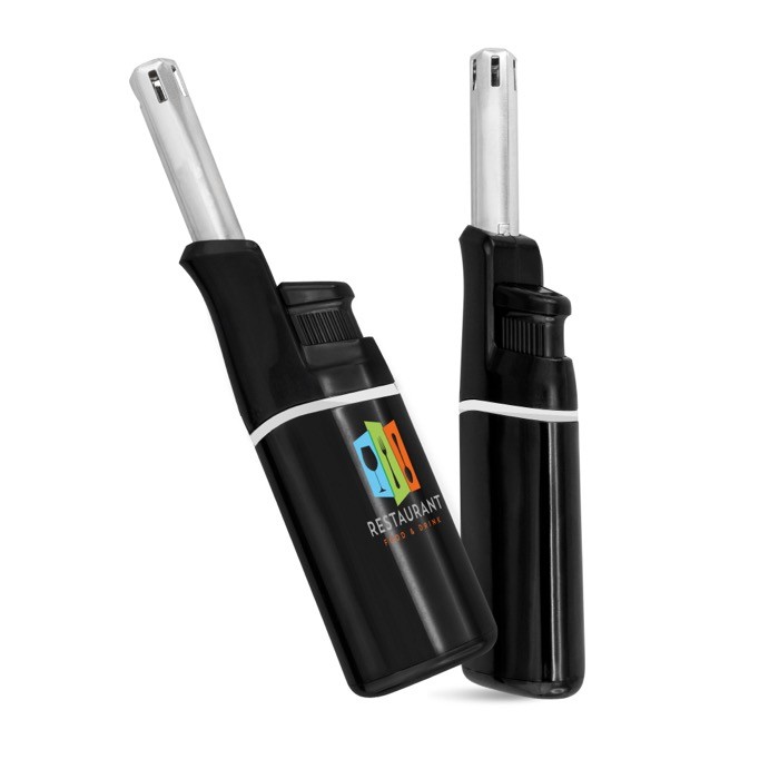 Encendedor electrónico ideal para la cocina con mango ancho color negro vista con logo impreso Encendedor electrónico ideal para la cocina con mango ancho color negro vista con logo impreso
