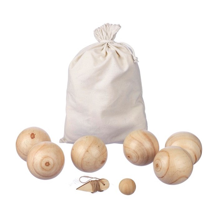 Juego de petanca con pelotas de madera en una bolsa de algodón primera vista Juego de petanca con pelotas de madera en una bolsa de algodón primera vista