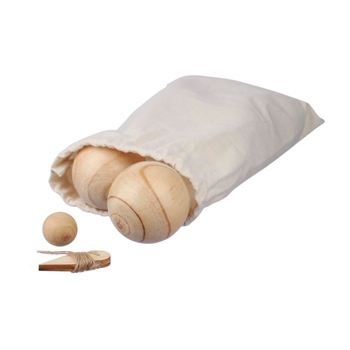 Juego de petanca con pelotas de madera en una bolsa de algodón tercera vista Juego de petanca con pelotas de madera en una bolsa de algodón tercera vista