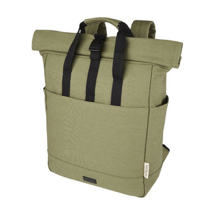 Mochila de algodón reciclado para PC con tapa enrollable 15” color verde