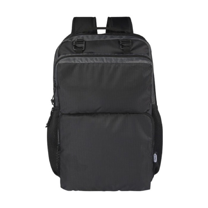 Mochila de poliéster reciclado para PC con riñonera extraíble 15” color negro segunda vista frontal Mochila de poliéster reciclado para PC con riñonera extraíble 15” color negro segunda vista frontal