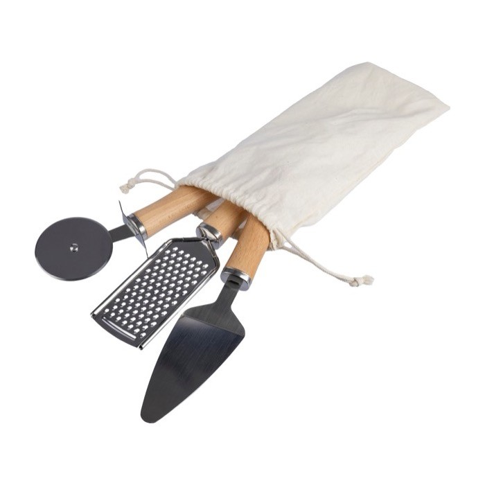 Rallador, espátula para tartas y cortador de pizza en bosa de algodón primera vista Rallador, espátula para tartas y cortador de pizza en bosa de algodón primera vista