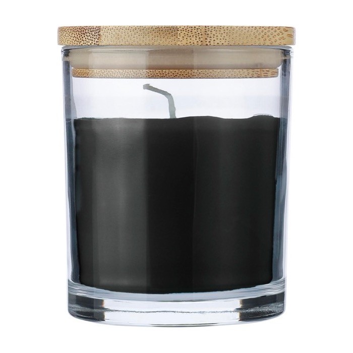 Vela con aroma a vainilla en tarro de vidrio y tapa de bambú color negro primera vista Vela con aroma a vainilla en tarro de vidrio y tapa de bambú color negro primera vista