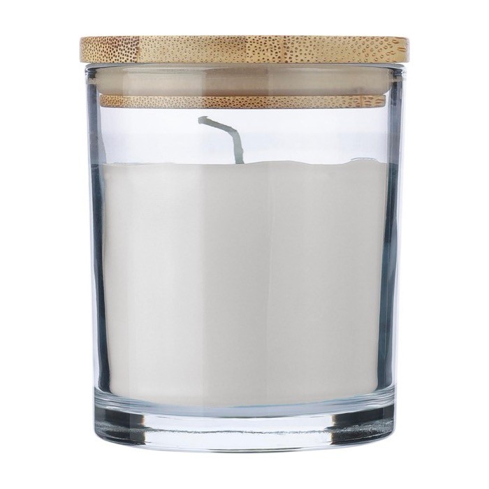 Vela con aroma a vainilla en tarro de vidrio y tapa de bambú color blanco primera vista Vela con aroma a vainilla en tarro de vidrio y tapa de bambú color blanco primera vista