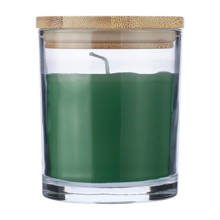 Vela con aroma a vainilla en tarro de vidrio y tapa de bambú color verde primera vista Vela con aroma a vainilla en tarro de vidrio y tapa de bambú color verde primera vista