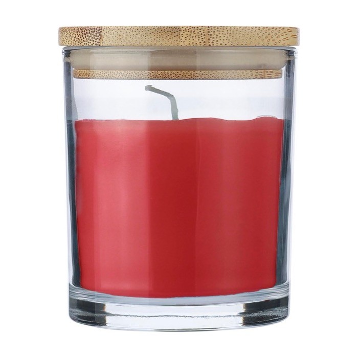 Vela con aroma a vainilla en tarro de vidrio y tapa de bambú color rojo primera vista Vela con aroma a vainilla en tarro de vidrio y tapa de bambú color rojo primera vista