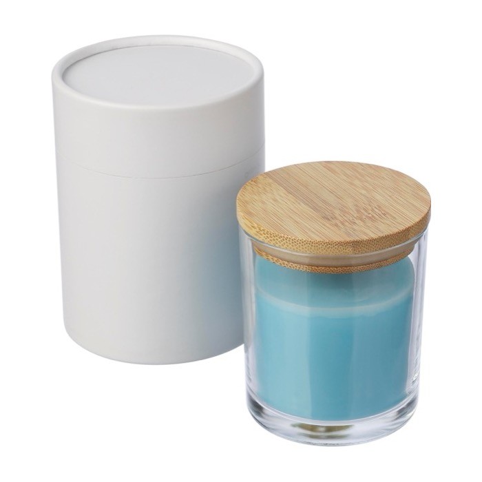 Vela con aroma a vainilla en tarro de vidrio y tapa de bambú tercera vista Vela con aroma a vainilla en tarro de vidrio y tapa de bambú tercera vista