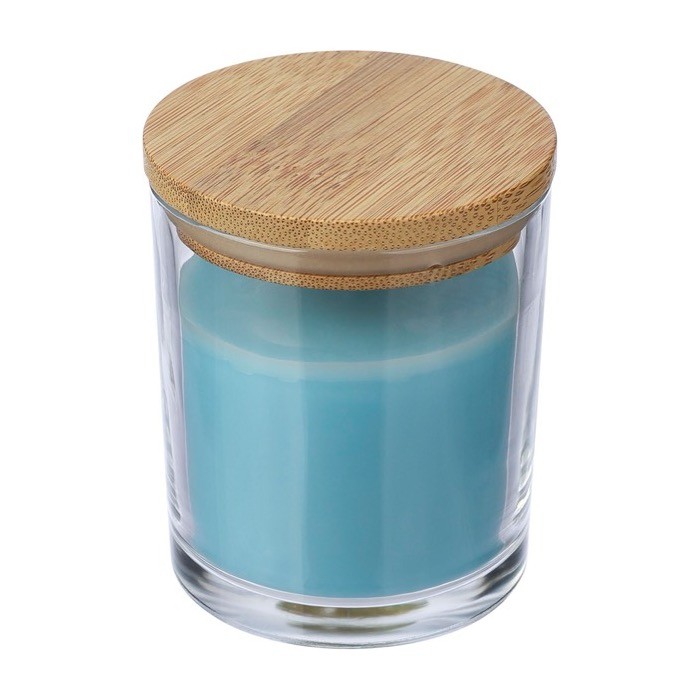 Vela con aroma a vainilla en tarro de vidrio y tapa de bambú cuarta vista Vela con aroma a vainilla en tarro de vidrio y tapa de bambú cuarta vista