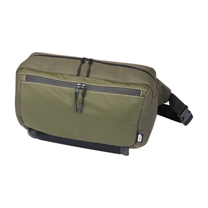 Bandolera de poliéster reciclado con compartimentos de malla color verde