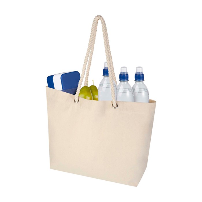 Bolsa de playa de algodón reciclado con asas de cuerda 270 g/m2 color natural tercera vista Bolsa de playa de algodón reciclado con asas de cuerda 270 g/m2 color natural tercera vista