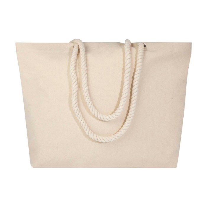 Bolsa de playa de algodón reciclado con asas de cuerda 270 g/m2 color natural tercera vista frontal Bolsa de playa de algodón reciclado con asas de cuerda 270 g/m2 color natural tercera vista frontal