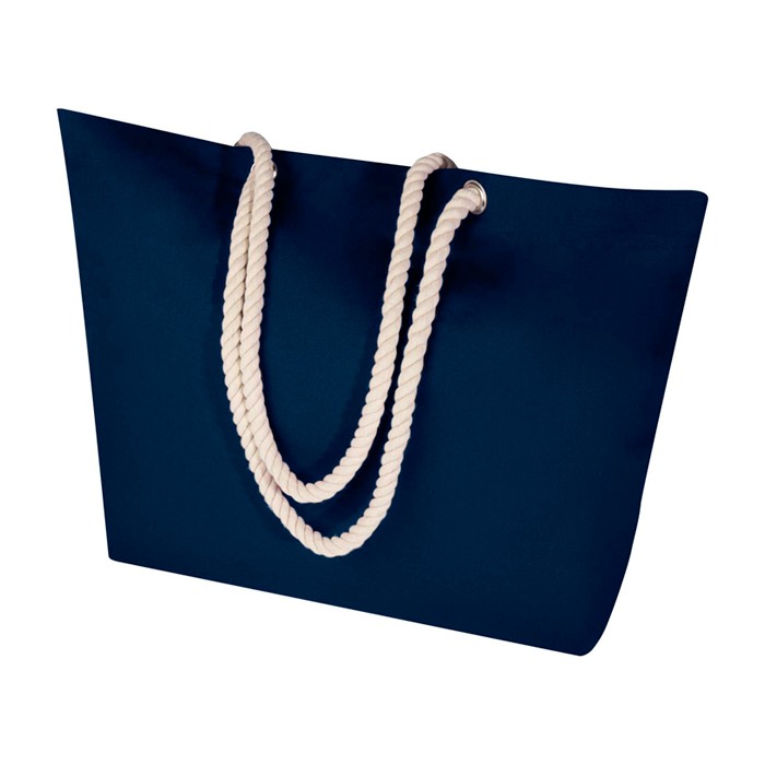 Bolsa de playa de algodón reciclado con asas de cuerda 270 g/m2 color azul marino segunda vista Bolsa de playa de algodón reciclado con asas de cuerda 270 g/m2 color azul marino segunda vista