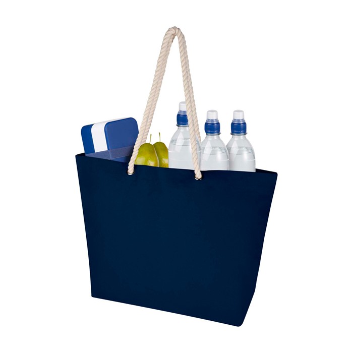 Bolsa de playa de algodón reciclado con asas de cuerda 270 g/m2 color azul marino tercera vista Bolsa de playa de algodón reciclado con asas de cuerda 270 g/m2 color azul marino tercera vista