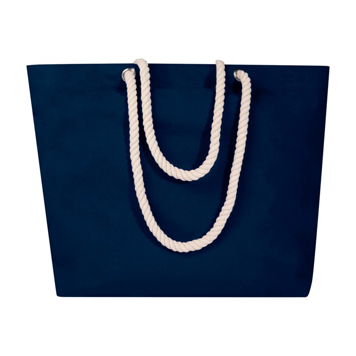 Bolsa de playa de algodón reciclado con asas de cuerda 270 g/m2 color azul marino tercera vista frontal Bolsa de playa de algodón reciclado con asas de cuerda 270 g/m2 color azul marino tercera vista frontal