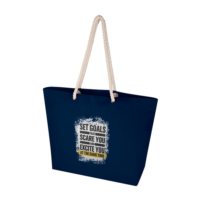Bolsa de playa de algodón reciclado con asas de cuerda 270 g/m2 color azul marino vista impresión transfer Bolsa de playa de algodón reciclado con asas de cuerda 270 g/m2 color azul marino vista impresión transfer