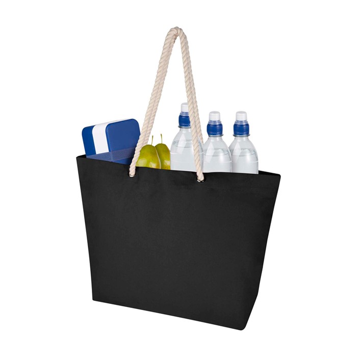 Bolsa de playa de algodón reciclado con asas de cuerda 270 g/m2 color negro tercera vista Bolsa de playa de algodón reciclado con asas de cuerda 270 g/m2 color negro tercera vista