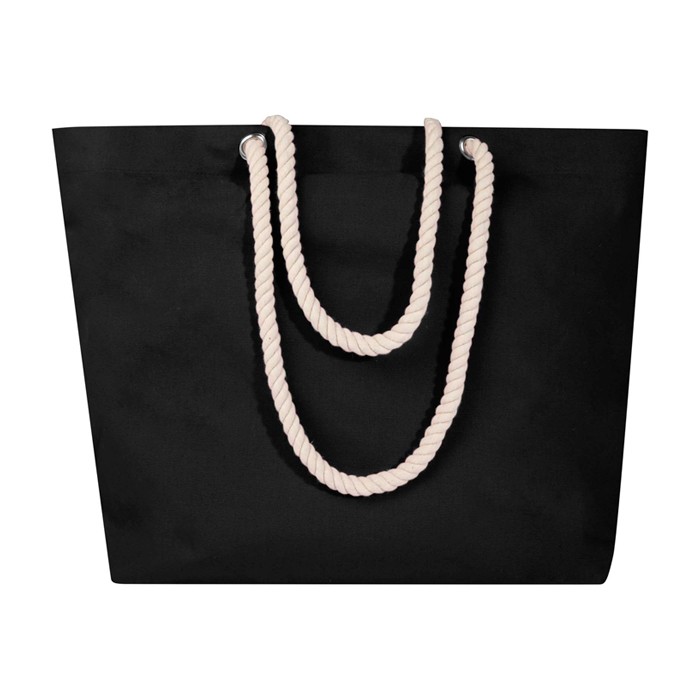 Bolsa de playa de algodón reciclado con asas de cuerda 270 g/m2 color negro tercera vista frontal Bolsa de playa de algodón reciclado con asas de cuerda 270 g/m2 color negro tercera vista frontal