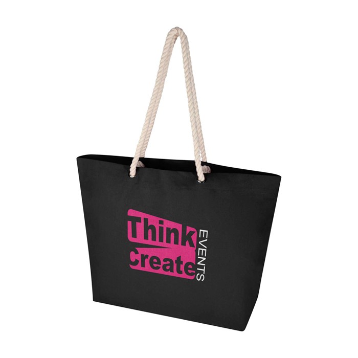 Bolsa de playa de algodón reciclado con asas de cuerda 270 g/m2 color negro vista impresión transfer Bolsa de playa de algodón reciclado con asas de cuerda 270 g/m2 color negro vista impresión transfer