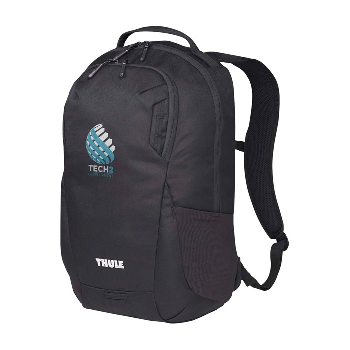 Mochila reciclada para PC con bolsillo frontal Thule Lumion 16” color negro vista impresión transfer Mochila reciclada para PC con bolsillo frontal Thule Lumion 16” color negro vista impresión transfer