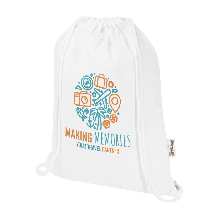Mochila de cuerdas de algodón reciclado y RPET 5L 140 g/m2 color blanco vista impresión serigrafía
