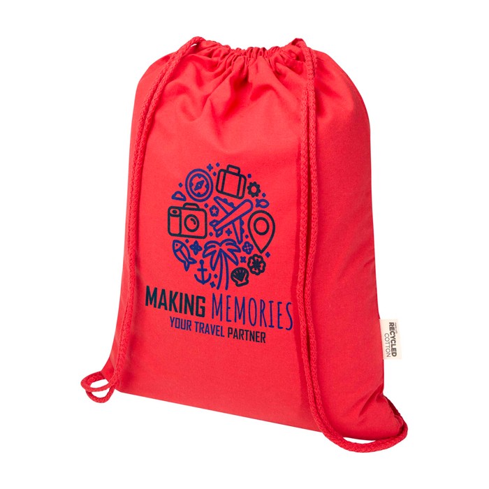 Mochila de cuerdas de algodón reciclado y RPET 5L 140 g/m2 color rojo vista impresión serigrafía