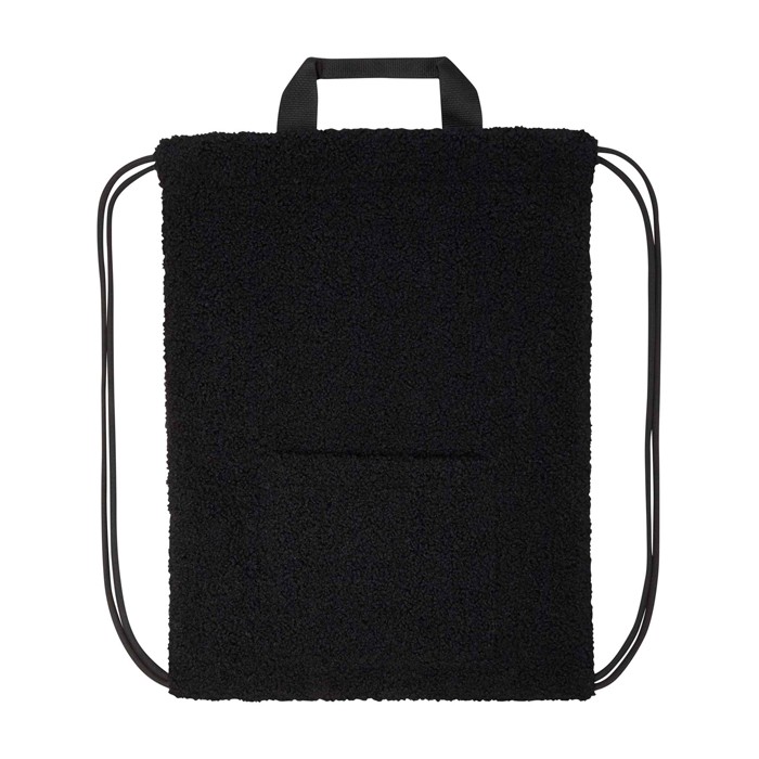 Mochila de cuerdas de sherpa reciclada con bolsillo frontal 9L color negro tercera vista frontal