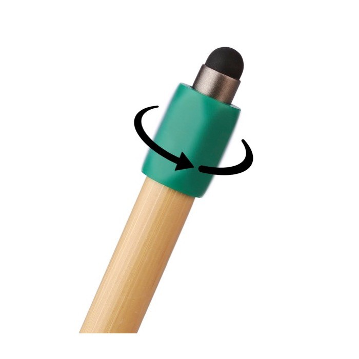Bolígrafo táctil de bambú con spinner en parte superior tinta azul tercera vista Bolígrafo táctil de bambú con spinner en parte superior tinta azul tercera vista