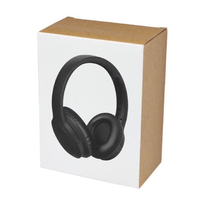 Auriculares de plástico reciclado con micro color negro segunda vista con caja Auriculares de plástico reciclado con micro color negro segunda vista con caja