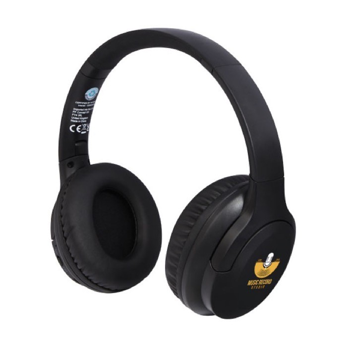 Auriculares de plástico reciclado con micro color negro vista impresión tampografía Auriculares de plástico reciclado con micro color negro vista impresión tampografía