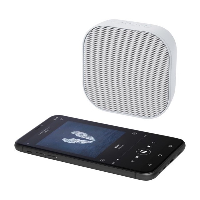Mini altavoz de plástico reciclado con controles de música 3W color blanco tercera vista Mini altavoz de plástico reciclado con controles de música 3W color blanco tercera vista