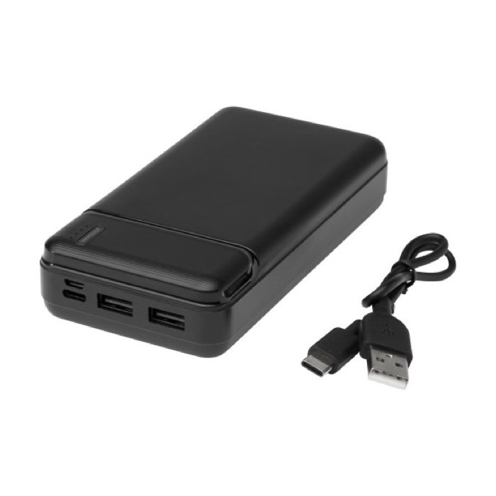 Batería externa de material reciclado de larga duración 20.000 mAh color negro tercera vista Batería externa de material reciclado de larga duración 20.000 mAh color negro tercera vista