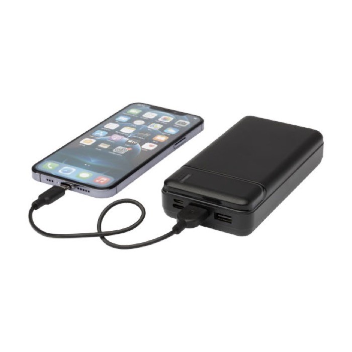 Batería externa de material reciclado de larga duración 20.000 mAh color negro cuarta vista Batería externa de material reciclado de larga duración 20.000 mAh color negro cuarta vista