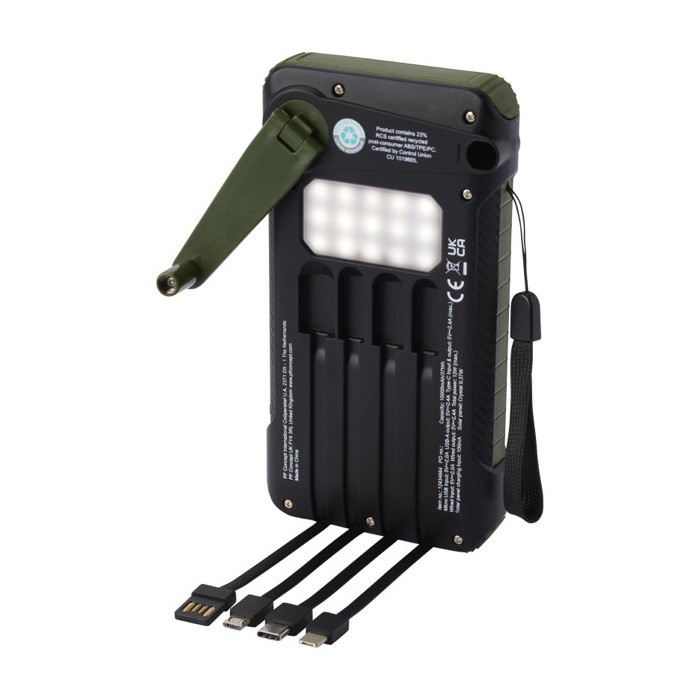 Powerbank de plástico reciclado con manivela y cables 10.000 mAh color verde militar segunda vista Powerbank de plástico reciclado con manivela y cables 10.000 mAh color verde militar segunda vista