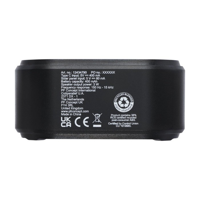 Altavoz solar de plástico reciclado con BT y linterna integrada color negro vista lateral
