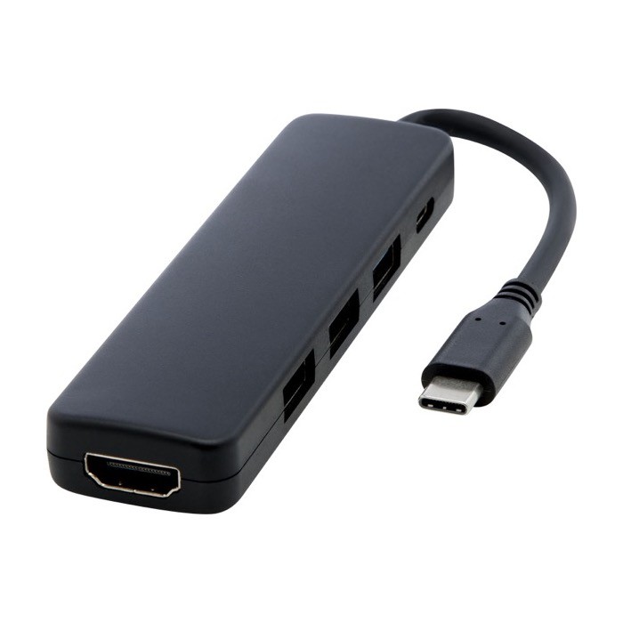 Hub de plástico reciclado con puertos de entrada y salida HDMI color negro Hub de plástico reciclado con puertos de entrada y salida HDMI color negro