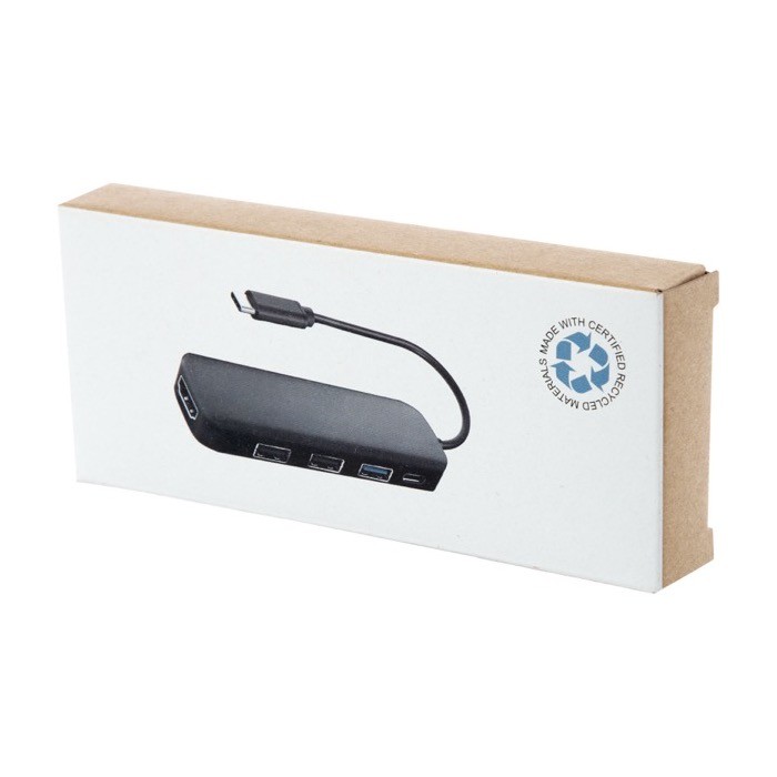 Hub de plástico reciclado con puertos de entrada y salida HDMI color negro segunda vista con caja Hub de plástico reciclado con puertos de entrada y salida HDMI color negro segunda vista con caja